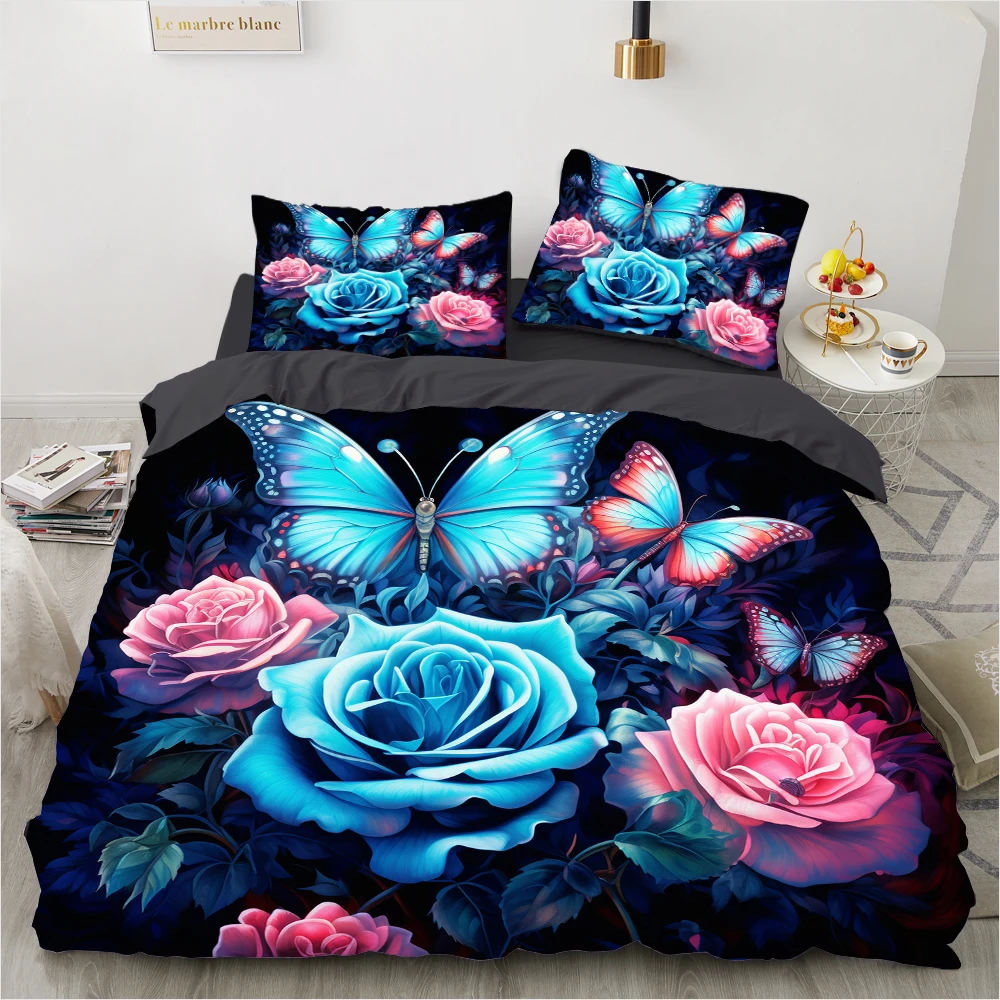 

Luxury Blue Duvet Cover Comforter Cover Butterfly With Floral Bedding Set For Adults Girls Botanical Bedspread Comforter