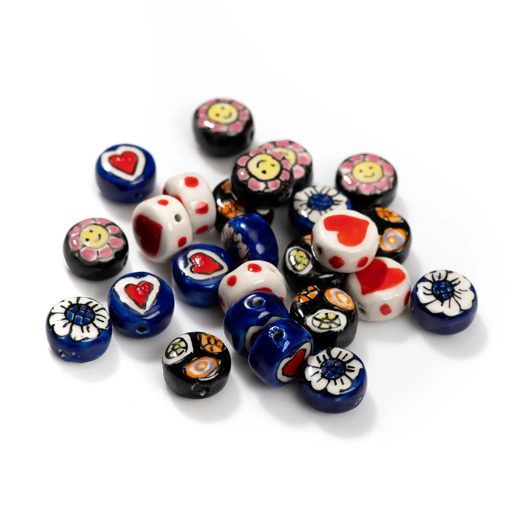 5pcs Hand-Painted Ceramic Beads Featuring Sunflowers, Hearts, and Flowers Z723