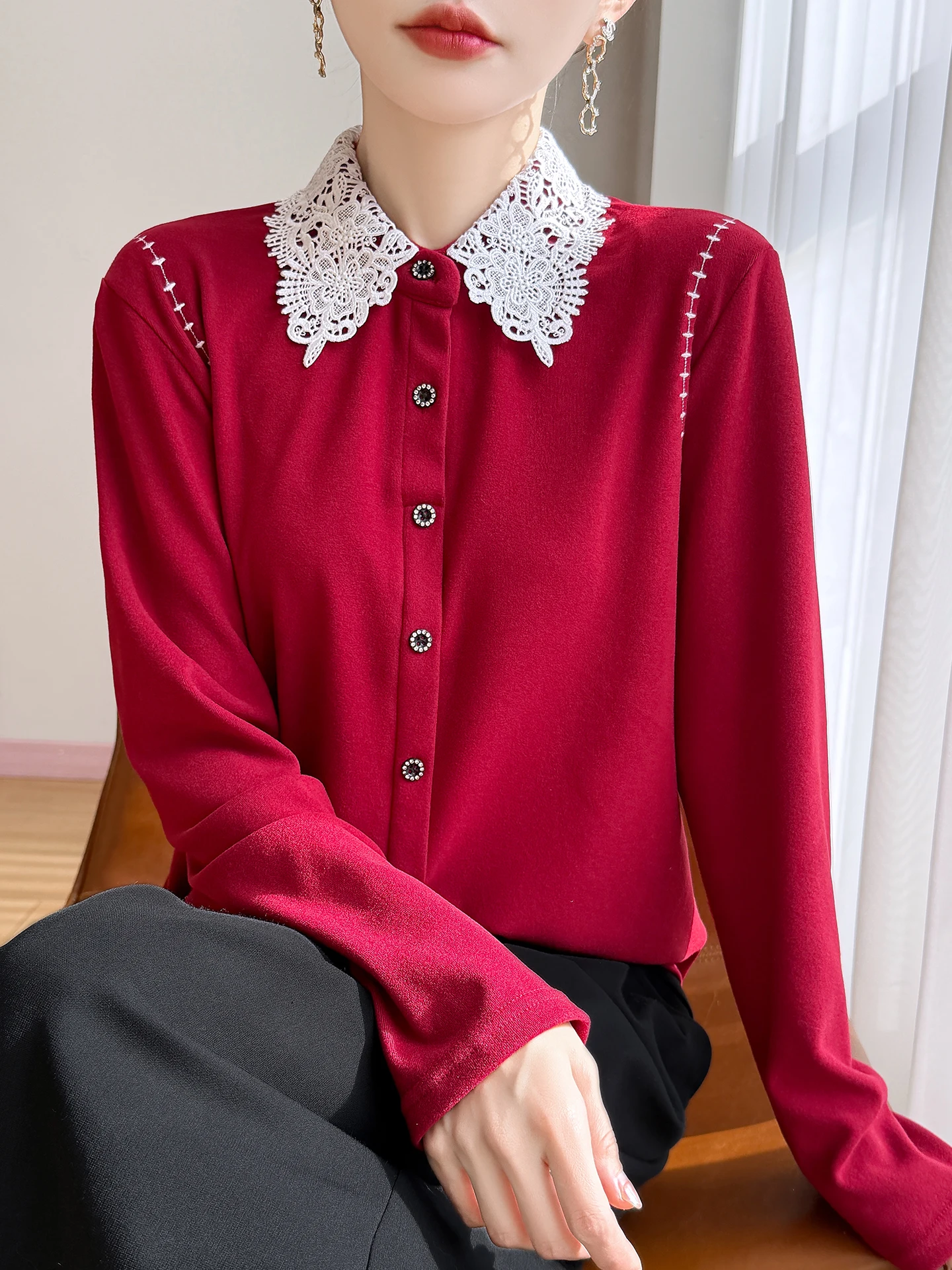Autumn Winter Chic New 2025 Women's Base irt German Velvet Lace Collar Open Cardigan Inner Wear Layering irt Commute Sle