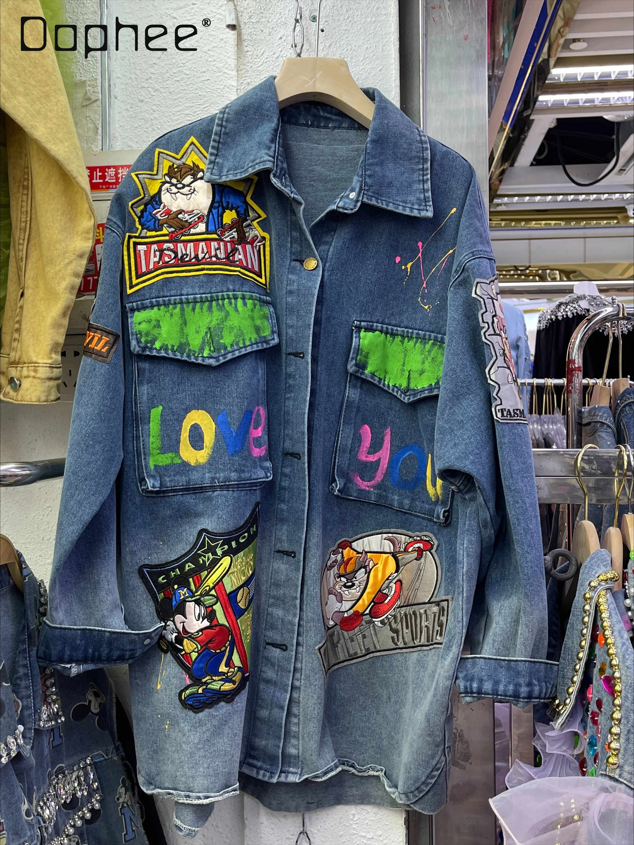 

Street Style Graffiti Letter Cartoon Labeling Loose Denim Jacket Women 2024 Autumn New Fashion Mid Length Cartoon Shirt Top