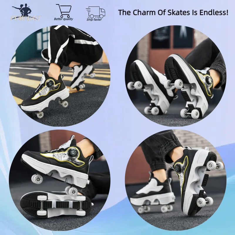 New 4 Roller Roller Skate Usb Charging Deformation Parkour Shoes For Unisex Children Girls Boys Casual Sneakers Roller Skate