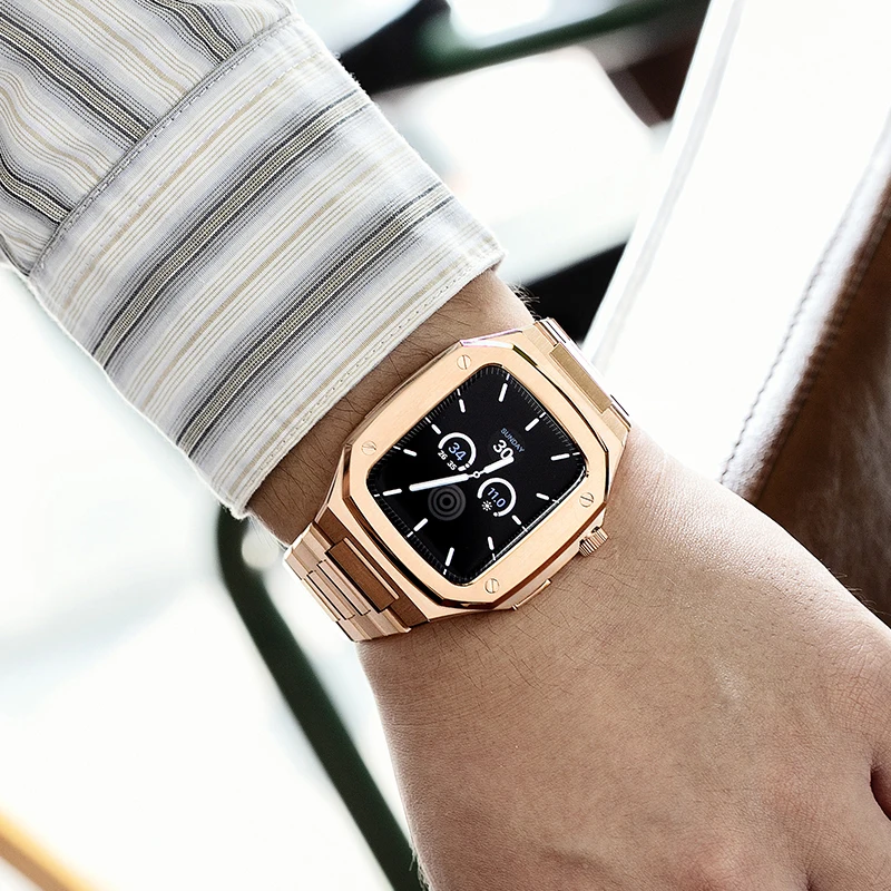 For Apple Watch Series 7/8/9 Accessories Stainless Steel Strip Strap 40/41/44/45MM Business Affairs Luxury  IWatch 4/5/6/SE Case