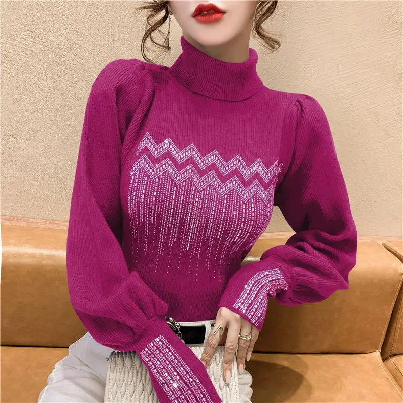 Solid Color Diamonds Turtleneck Slim Sweaters Autumn Winter Korean Female Commute Fashion Lantern Sleeve Thick Knitted Jumpers