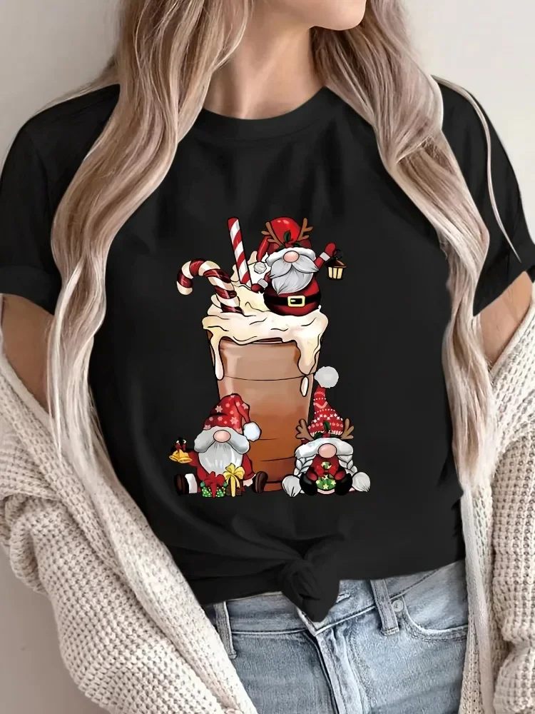 Camiseta de Manga Corta con Estampado Navideño de Gnomo y Papá Noel para Mujer, Cuello Redondo Informal, Atuendo Festivo, Camiseta con Estampado Divertido