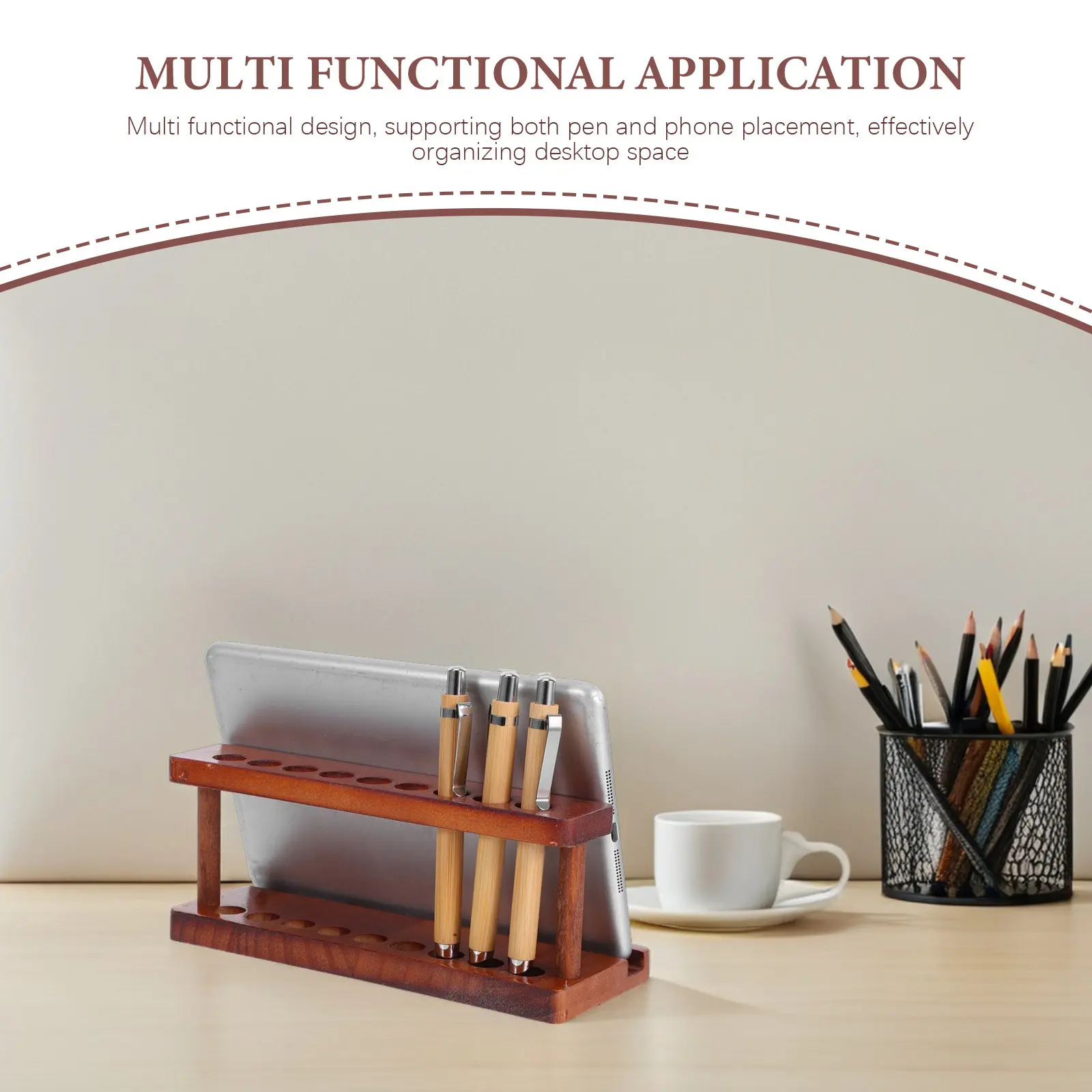 Wooden Phone Stand and Pen Holder Desktop Organizer for Pens, Pencils, Scissors, Mobile Devices