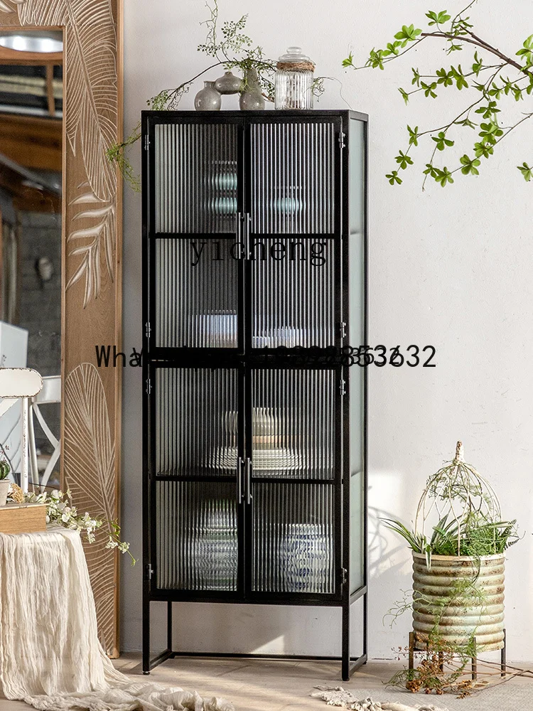ABC Iron Side Cabinet Black Modern Minimalist  Glass Storage Cabinet Home Living Room Display Cabinet