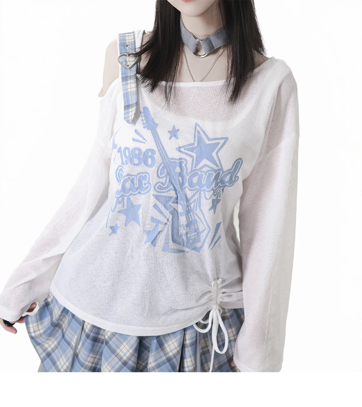 Japanese Girl's Sweet Cool Kawaii Plaid Skirt Set Summer New Student Y2k Printed Long-sleeved Top T-shirt Irregular Skirt Set