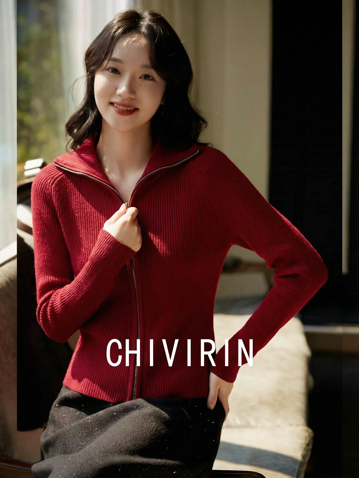 

Chivirin Zipper Knitted Slim Fit Woolen Cardigan Women's Turn-down Collar Red New Year Battle Robe Spring Autumn New Sle Sw...