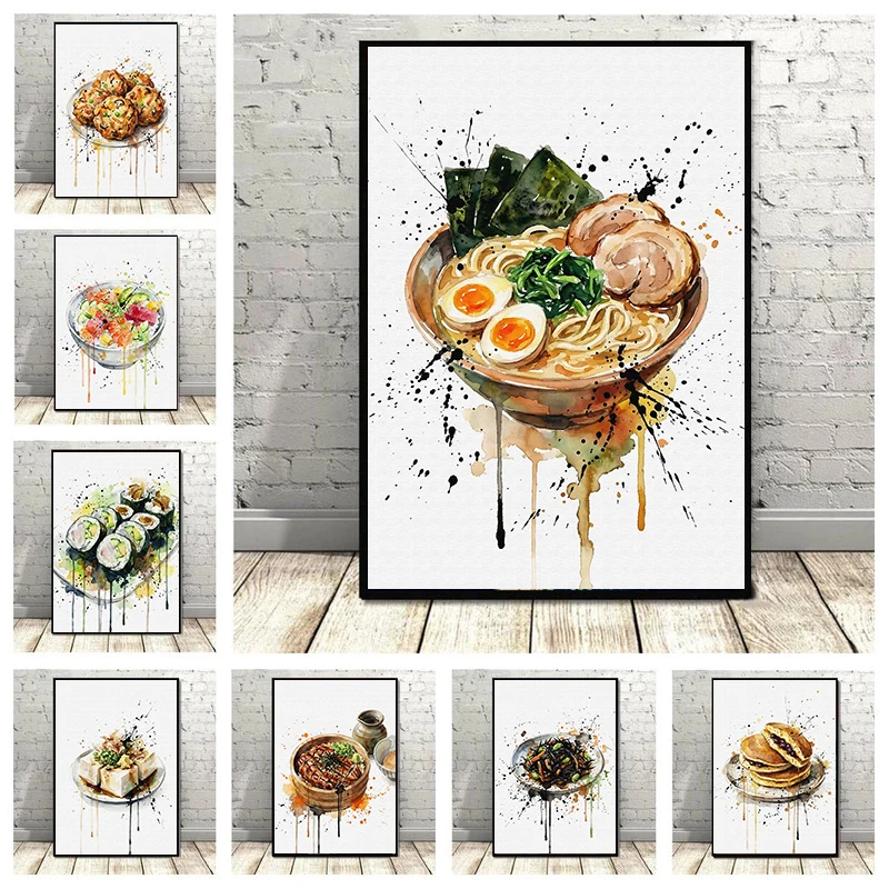 Retro Watercolor Asian Food Sushi Ramen Vegetable Fritters Poster Canvas Painting Wall Art Pictures Home Kitchen Decor