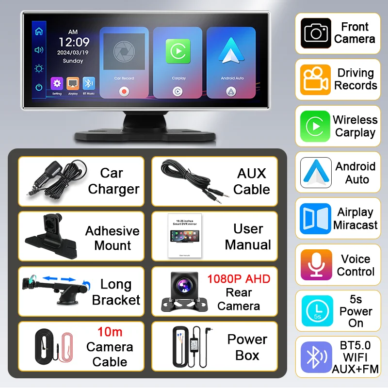 Develuck 11.26 Inch Wireless CarPlay Android Auto 4K Dash Cam Car