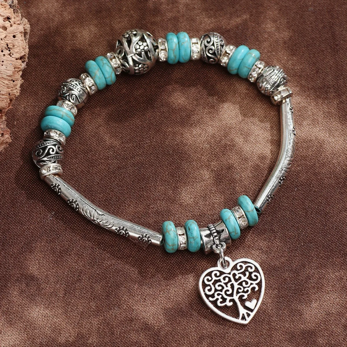 Tibetan Silver Turquoise Floral Beaded Bracelet Retro Ethnic Miao Silver Heart Pendant Bangle for Women