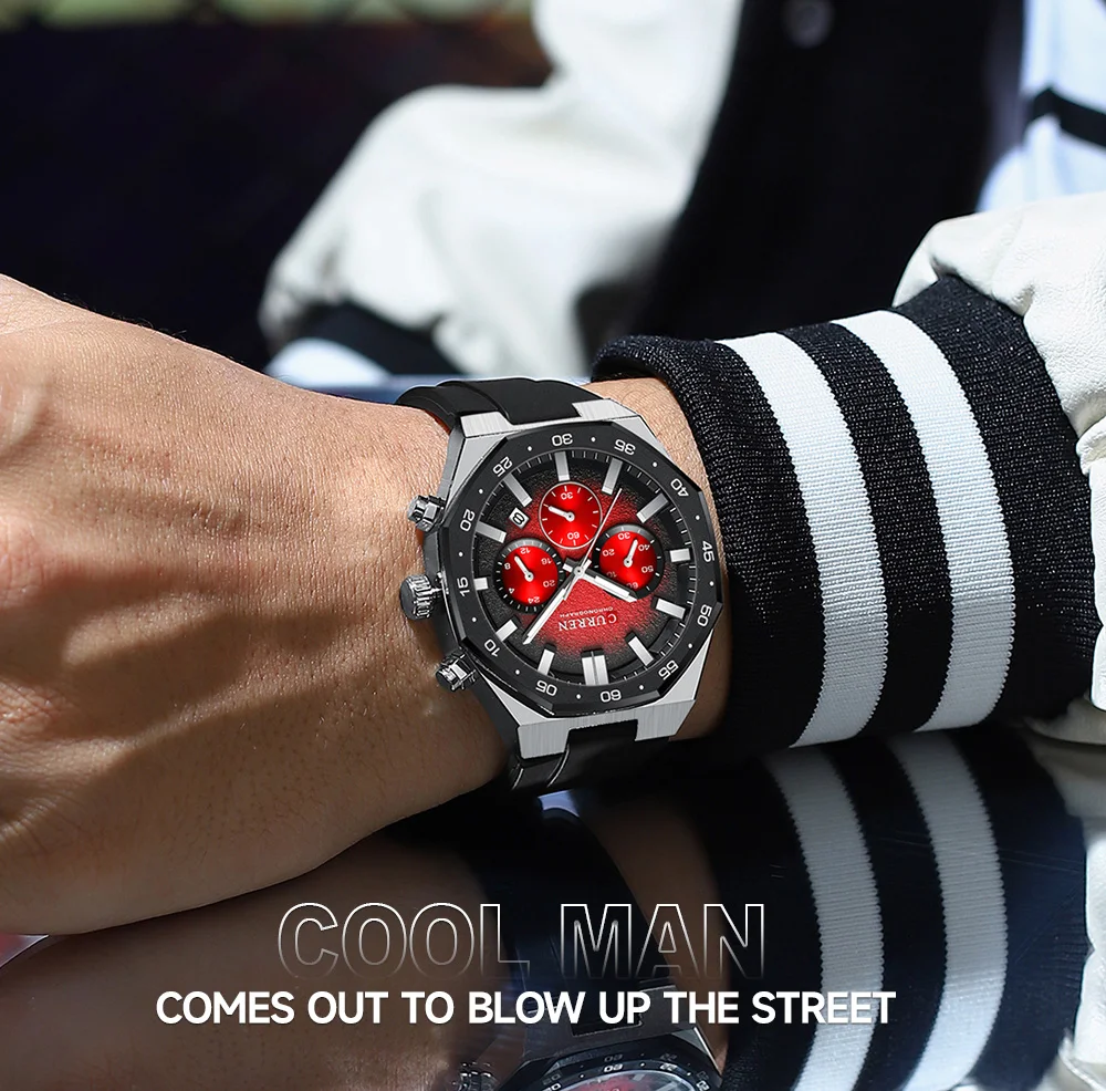 CURREN Herren Sport-Chronograph-Uhr mit Silikonarmband, Multifunktionszifferblatt mit Datum, Leuchtzeigern, Casual Quarz-Armbanduhr – Detail 13