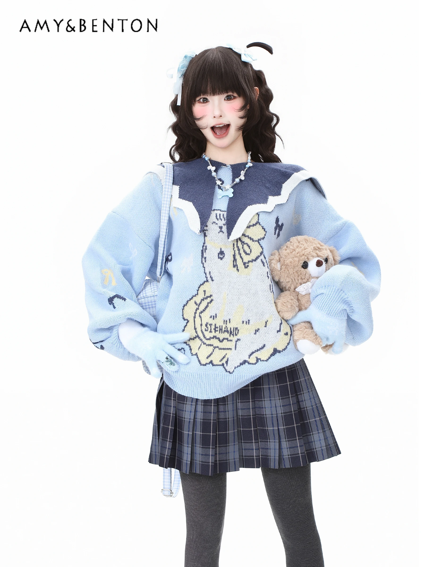 

2025 Autumn Winter New Navy Collar Kitten Bow Embroidery Pink Knitted Sweater Women's Blue Sweet Cute Loose Casual Sweater