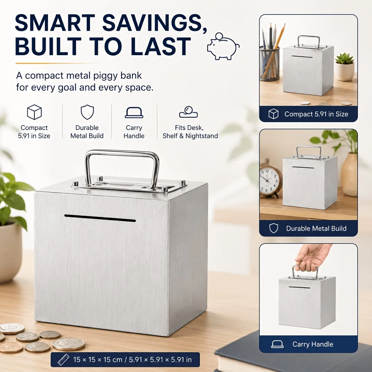 Metal Money Box Stainless Steel Coin Bank Portable Cash Storage Organizer Budget Saving Container Gift Desk Decor Home