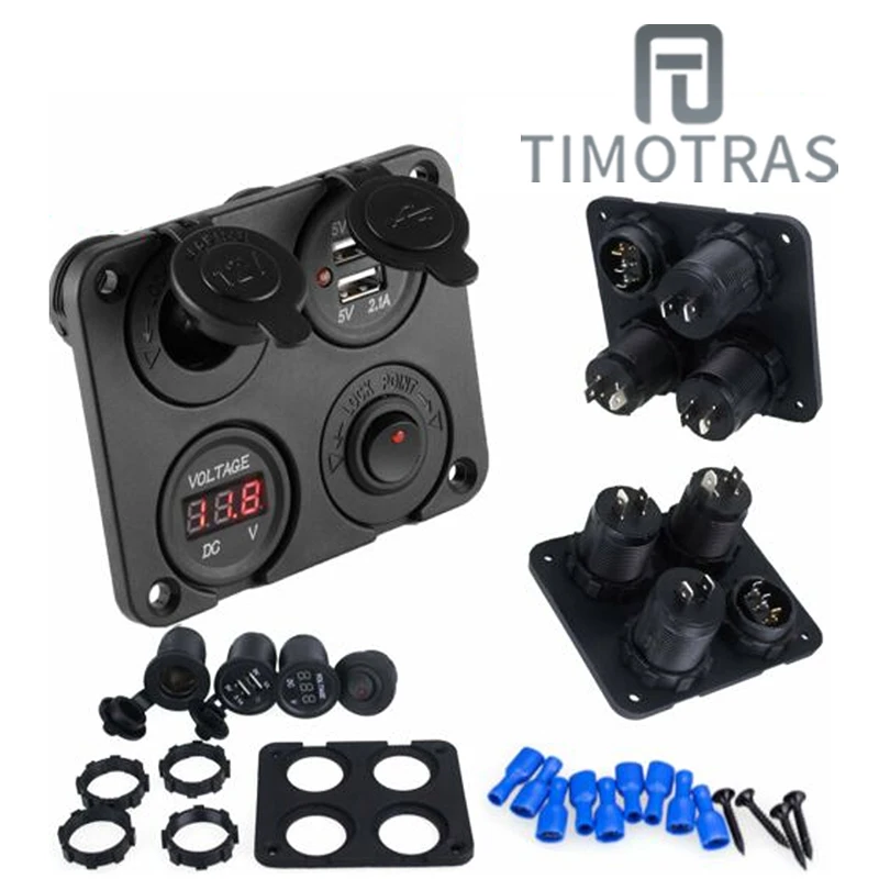 TIMOTRAS 12V 24V Power Socket Dual USB Ports Car Charger With LED Voltmeter Switch 4 In 1 Universal Auto Vehicle Boat Panel