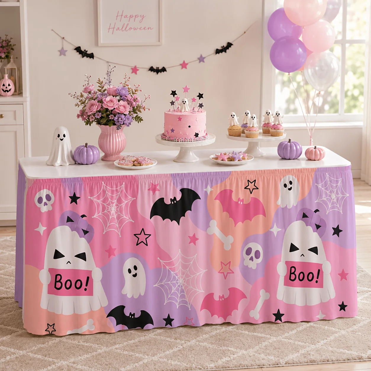 Halloween vintage horror tablecloth, pink vintage ghost pumpkin cat bat print tablecloth, spooky witch themexzj