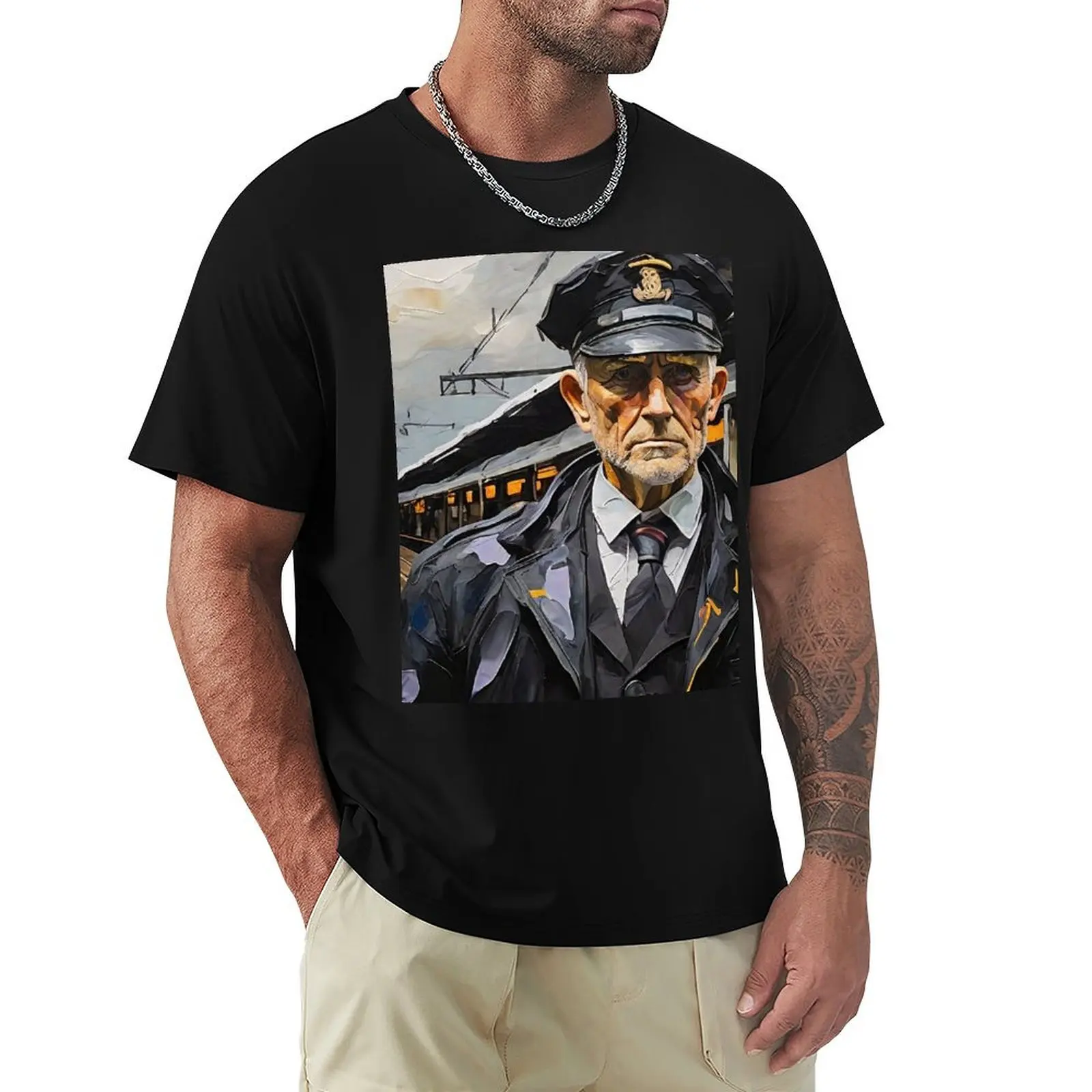 Old Train Conductor Graphic T-Shirt vintage graphic tee plain vintage anime shirt mens fashion