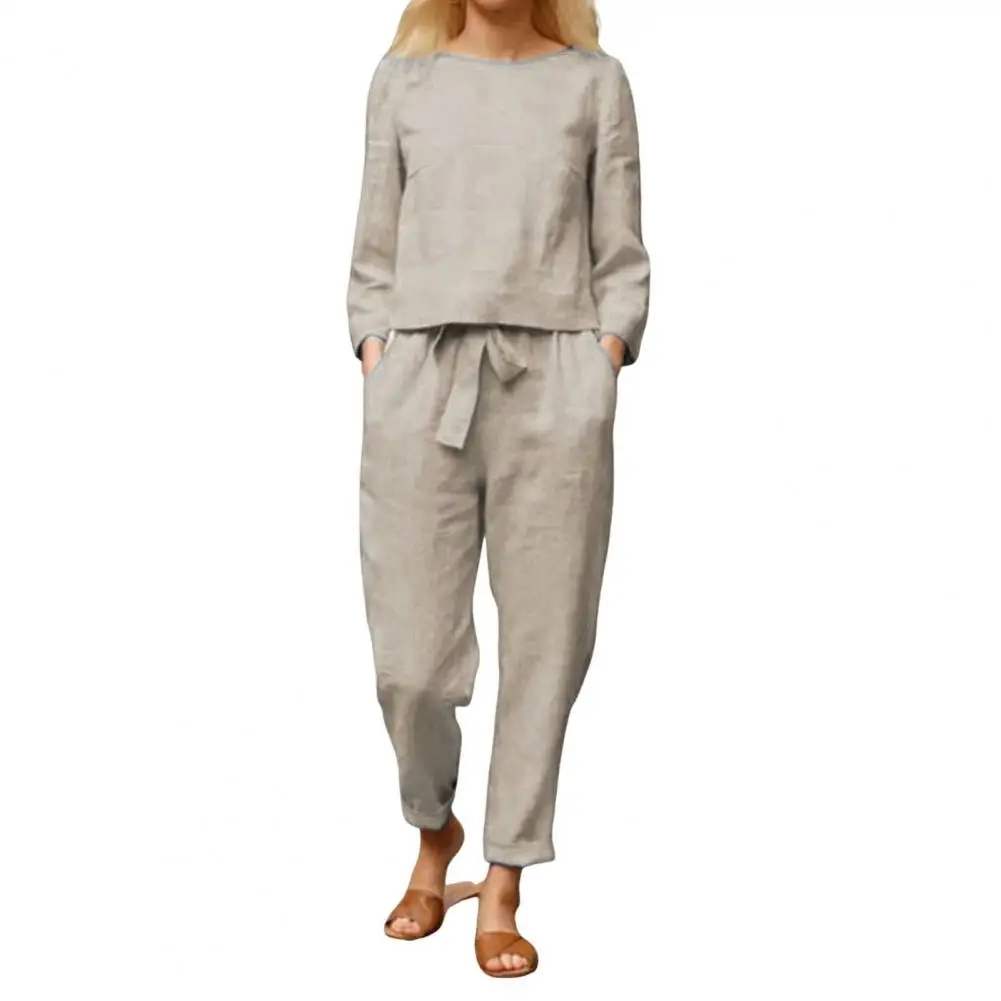 

Женский комплект из двух предметов, винтажная блузка с круглым вырезом, комплект брюк с эластичной резинкой на талии для комплекта из двух предметов, свободная одежда с длинными рукавами