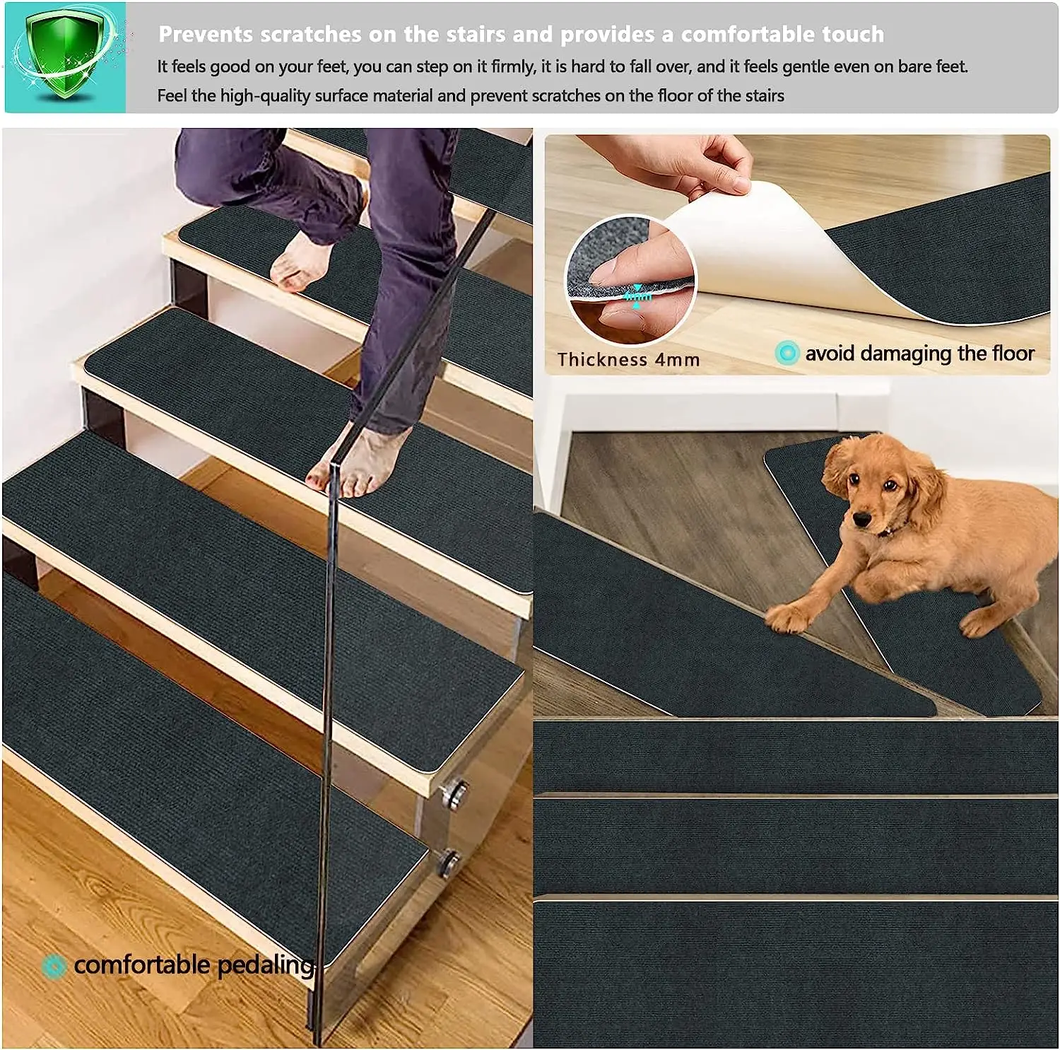 Carpet Stair Treads for Wood Steps - Indoor Stair Runners Non-Slip  with Pet-Friendly Slip Resistance