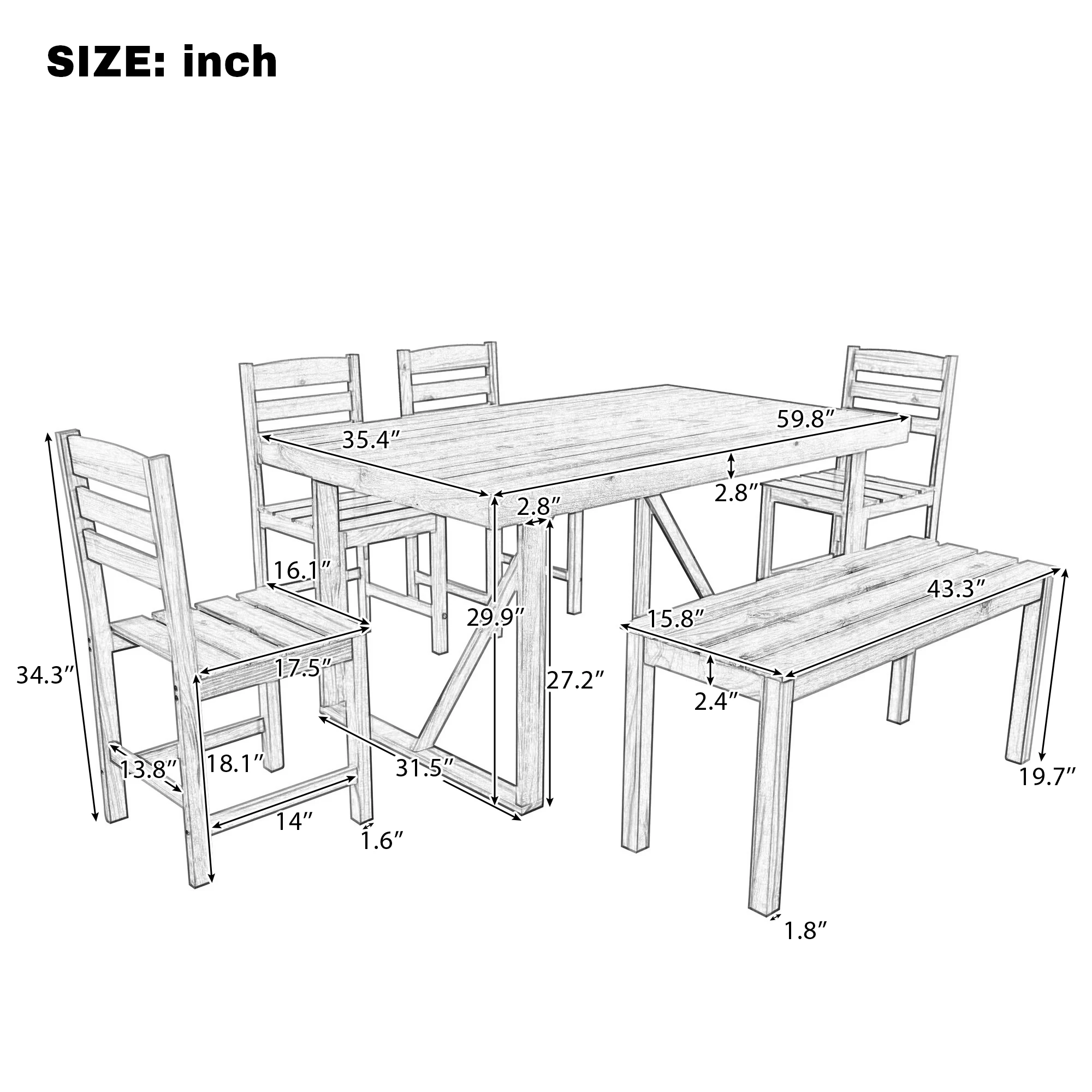 # High-quality Modern Acacia Wood Eco-Friendly 6-Person Outdoor Dining Table And Chair Set For Patio Balcony Backyard