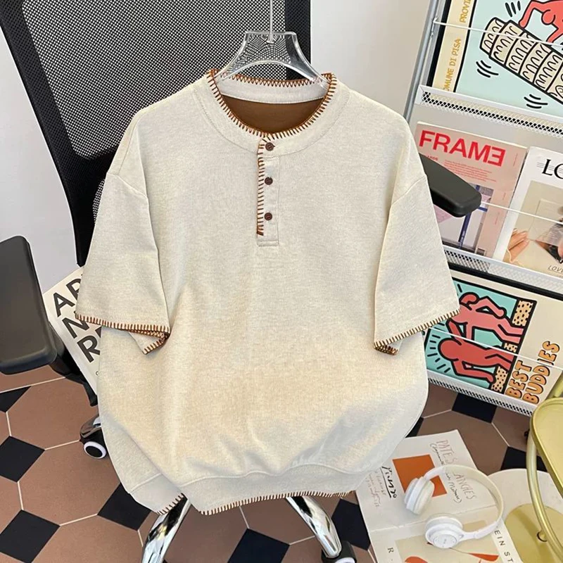 Men Henley Collar Short Sleeve T Shirt Oversized Loose Stitched Edge Top American Vintage Casual Plus Size Designer Streetwear