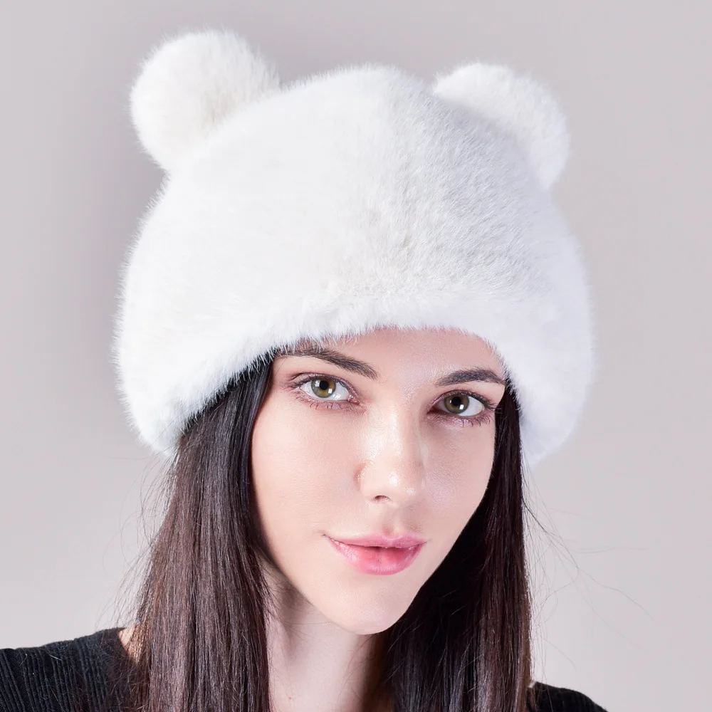 Winter Women\'s Bear Plush Hat Cute Thickened Warm Imitation Mink Hat Cold Protective Ear Cap Fashion Fur Hat Cat Ears Cotton Cap