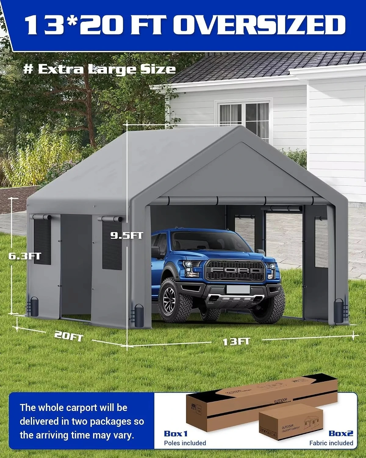 13x20ft Heavy Duty Carport with Removable Side Walls and Doors,Gray, Customized