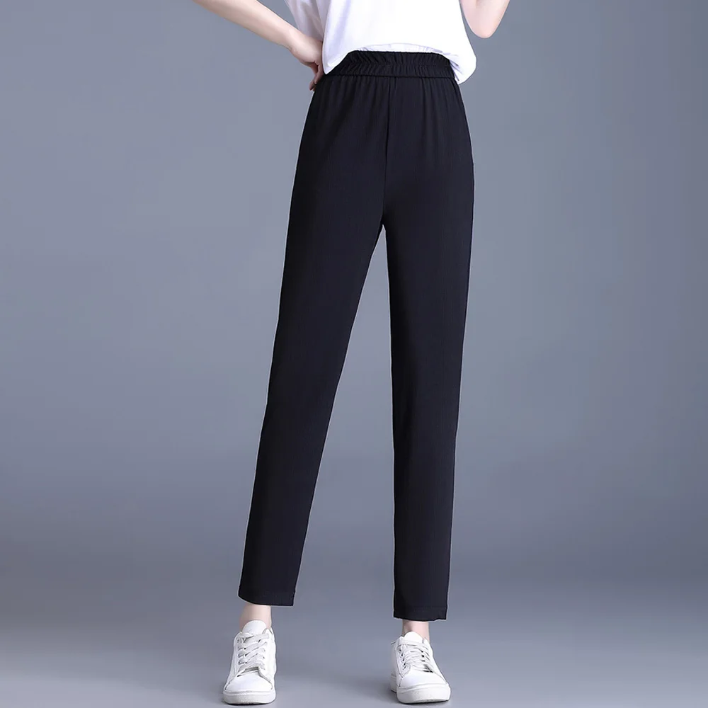 

Korean style black pants for women's spring new high-end solid color loose fit oversized elastic waist casual pants