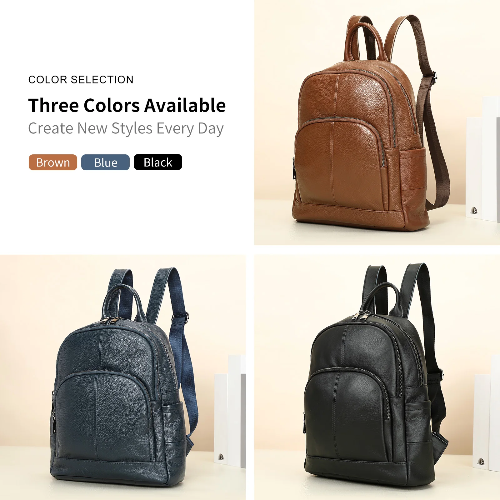 Full Grain Leather Women Backpack Vintage Lightweight Multi Compartment Casual School Travel Bag