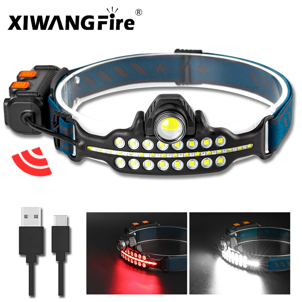 Multifunctional Sensor Headlamp LED and COB Zoomable Multi-Light Source Strong Light Flashlight Outdoor Patrol Fishing Headlamp