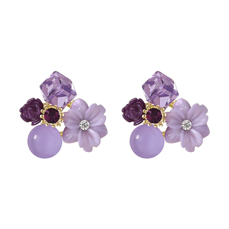 Noble Purple Crystal Flower Stud Earrings For Woman 2022 Korean Fashion Jewelry Wedding Party Girl's Elegance Set Accessories