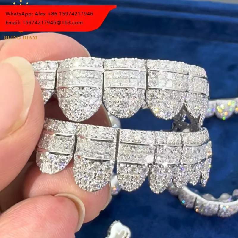 

New Design HipHop Custom Teeth Moissanite Silver Grillz 8 Top 8 Bottom Fashion Iced Out 925 Sterling Silver Moissanite Grillz