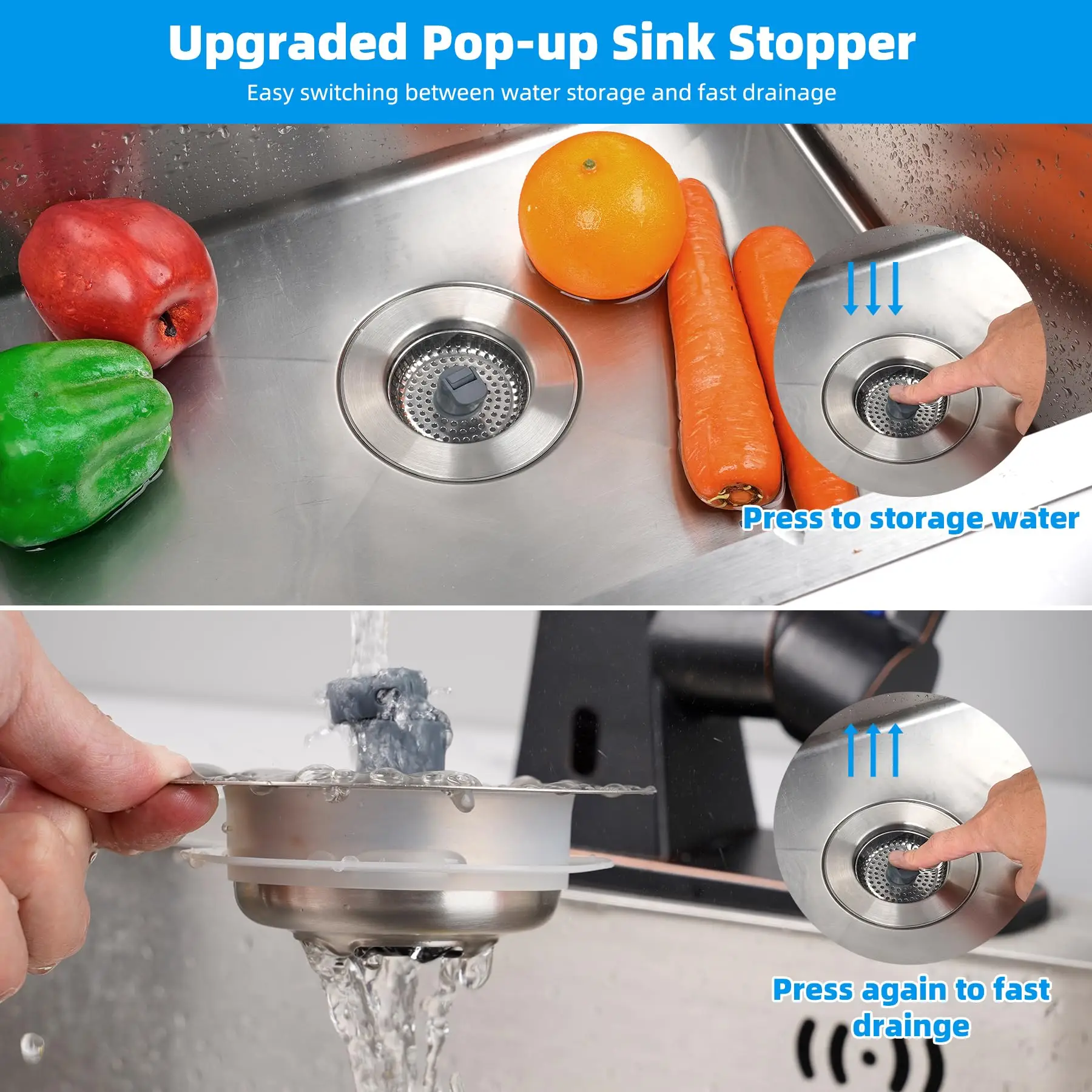 Hibbent Upgraded 3 in 1 Kitchen Sink Drain Strainer and Stopper Combo, Stainless Steel Metal Pop Up Sink Stopper,