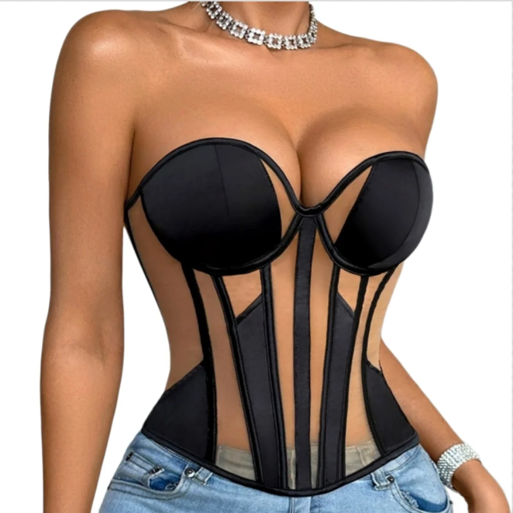 Women Fishbone Corset Satin Mesh Patchwork Breathable Strapless With Bra Lace Up Boned Bodices Tummy Control Bustiers Top