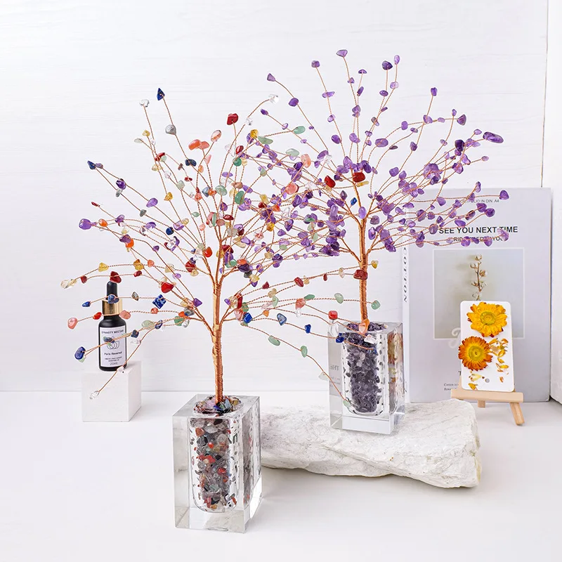 Natural Crystal Crushed Stone Money Tree Handmade Crystal Stone Wealth Desk Decoration Gift Luxury Home Entrance Ornaments