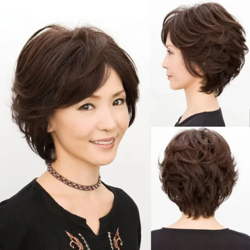 

Hair! New Elegant Old Women& # x27;s Lady Short Brown Wavy Full Wig