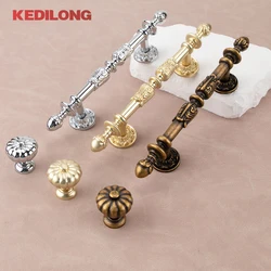 KEDLO European retro light luxury drawer gold long pull style kitchen cabinet silver Pull Knob drawer antique handle