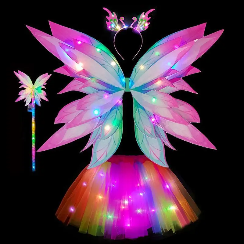 Glowing Wings Skirt Set Girl Cosplay Toy Butterfly Luminous Wings Pretend Play Princess Angel Light Up Dress Birthday Party Gift