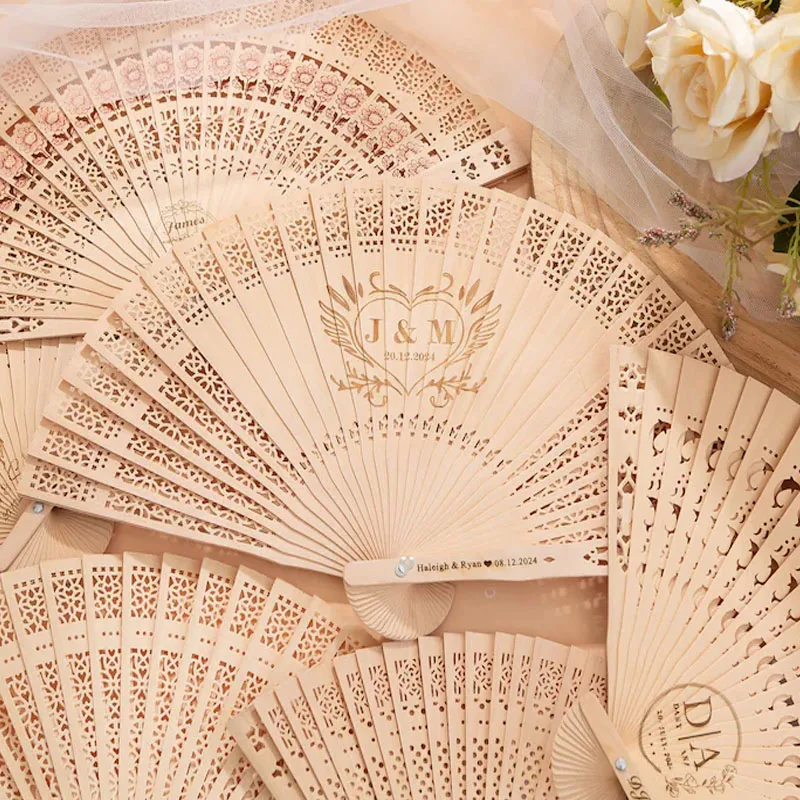 20/60PCS Customized Personalized Wood Folding Hand Wedding Fans Personality Bride Fans Gifts For Guest Birthday Baby Party Favor