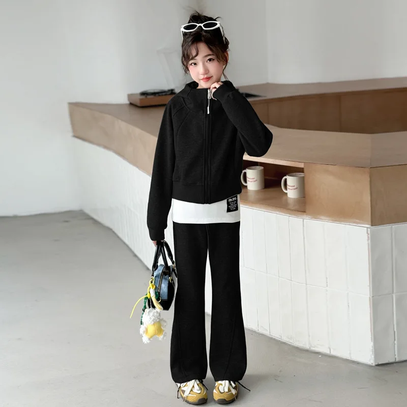 2026 Spring/Autumn Teenager Kids Girl Children Set Clothes Crop Top Hooded + Slim Straight pants 4 6 7 8 9 10 11 12 14 15 Year