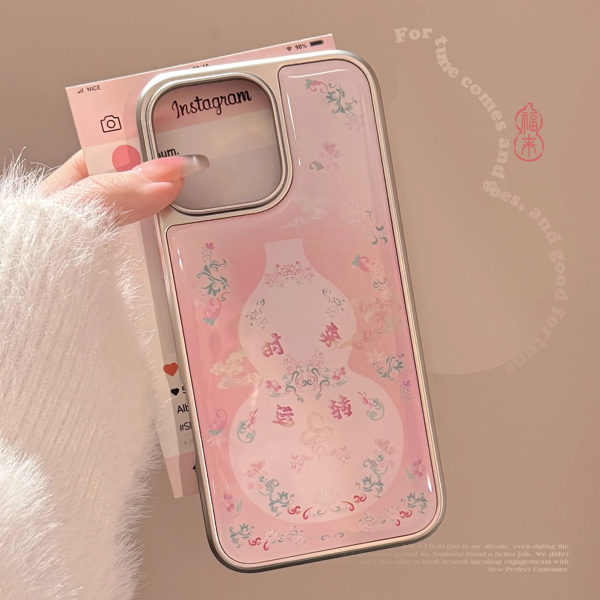 Chinese Style Good Luck Pink Gourd Drop Glue Silver Border Shockproof Protective Phone Cover Case for iPhone 16 15 14 13 Pro Max