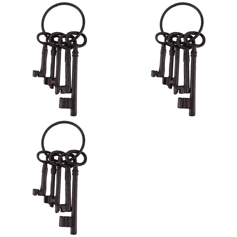 

L60A 3X Pirate Treasure Chest Keys Set,Key Ring Antique Style,Rustic Cast Iron Skeleton Key Wall Decor, Costume Prop (5 Keys)