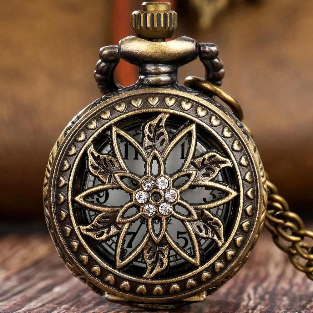 Elegante Vintage Mini Quartz Analoge Ketting Zakhorloge Unisex Cadeau Holle Bloeiende Bloem Bronzen Hanger Zak Uurwerk