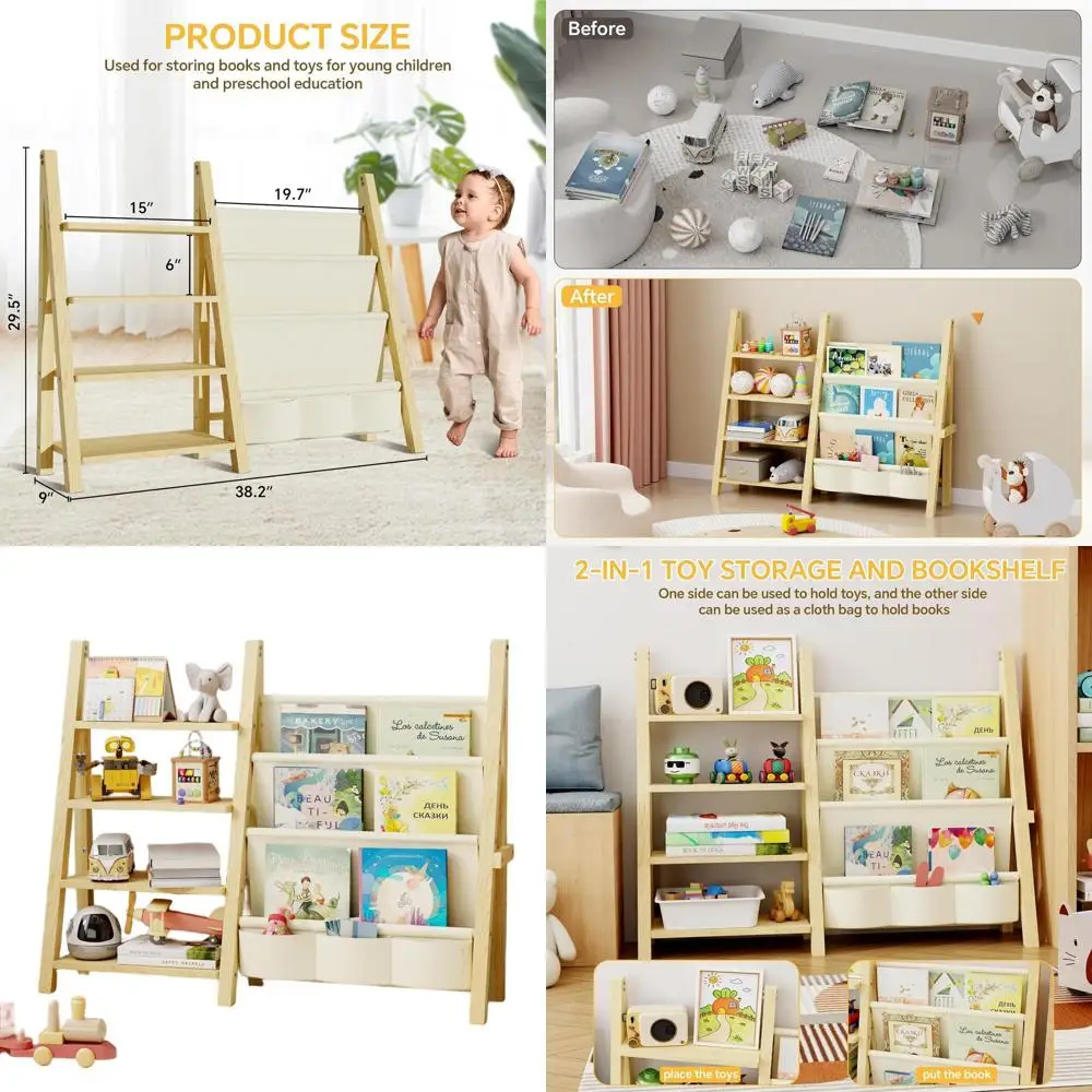 

Montessori-Style Wooden Kids Bookshelf and Toy Organizer for Playrooms, Nurseries, and Child's Rooms