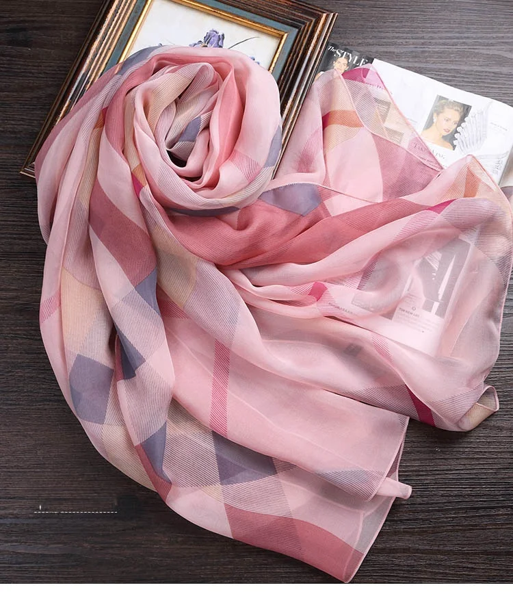 ピンクのチェック柄ロングシルクスカーフレディースショール春秋冬多用途00-桑シルク韓国スタイル多機能プリント