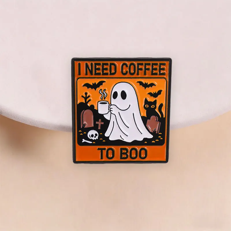 I Need Coffee To Boo Enamel Badge Halloween Ghost Coffee Tombstone Bat Black Cat Skeleton  Spooky Pins Jewelry Gift