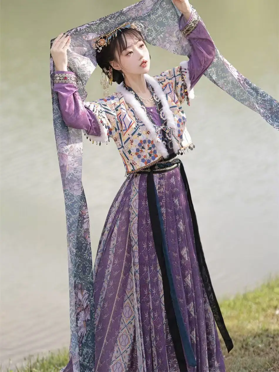 Traditional Autumn Winter Hanfu Women's Tang Dynasty Half Sleeve Printing Costume Halloween Princess Cosplay Clothing Stage Suit
