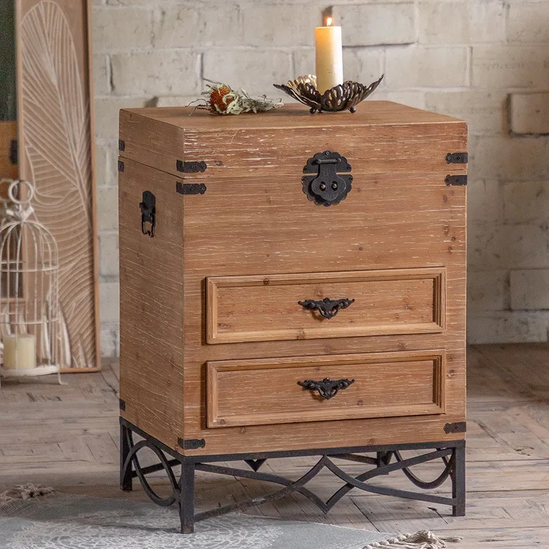 Vintage Wooden Treasure Chest End Table with Drawers, Rustic Fir Wood Storage Box, Living Room Furniture