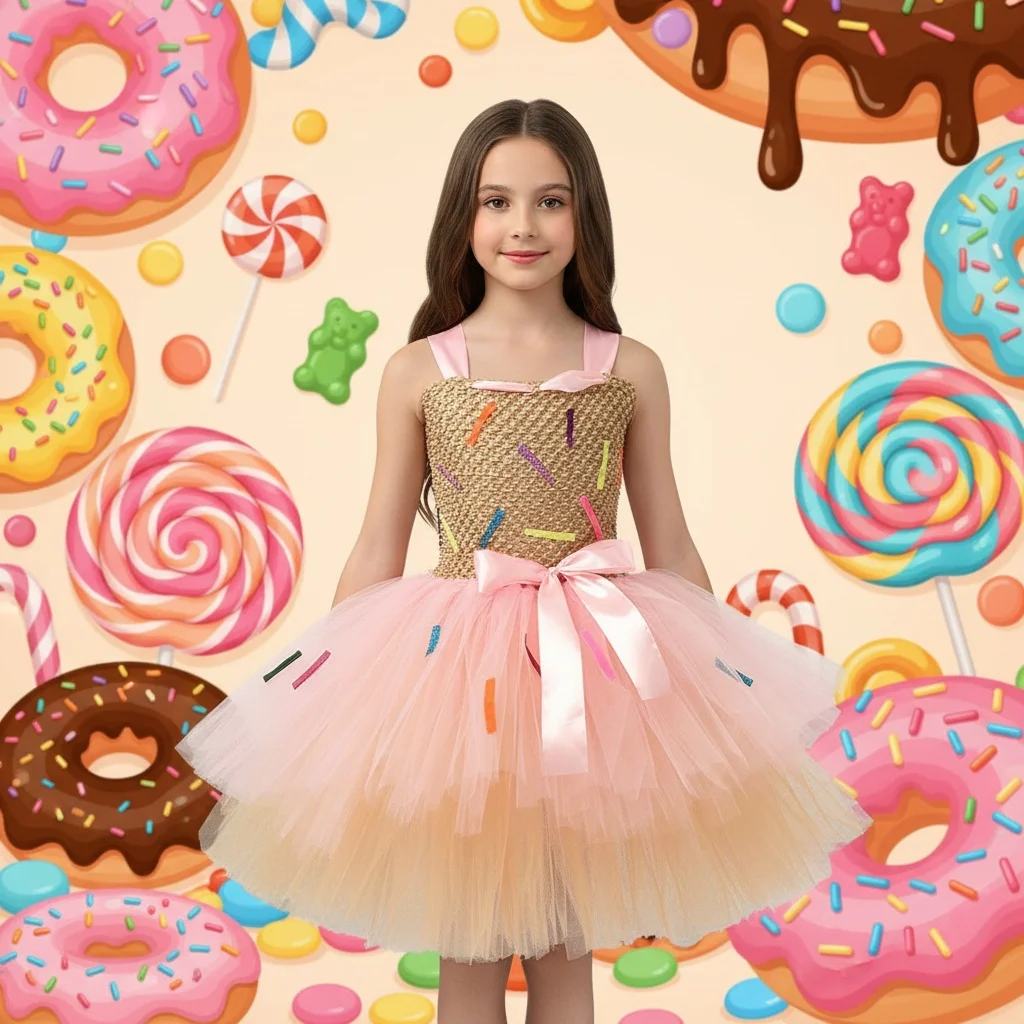 Sweet Donut Cookie Tutu Costume for Girls Cake Smash Party Photo Prop Dresses Layered Kids Doughnut Birthday Purim Outfit