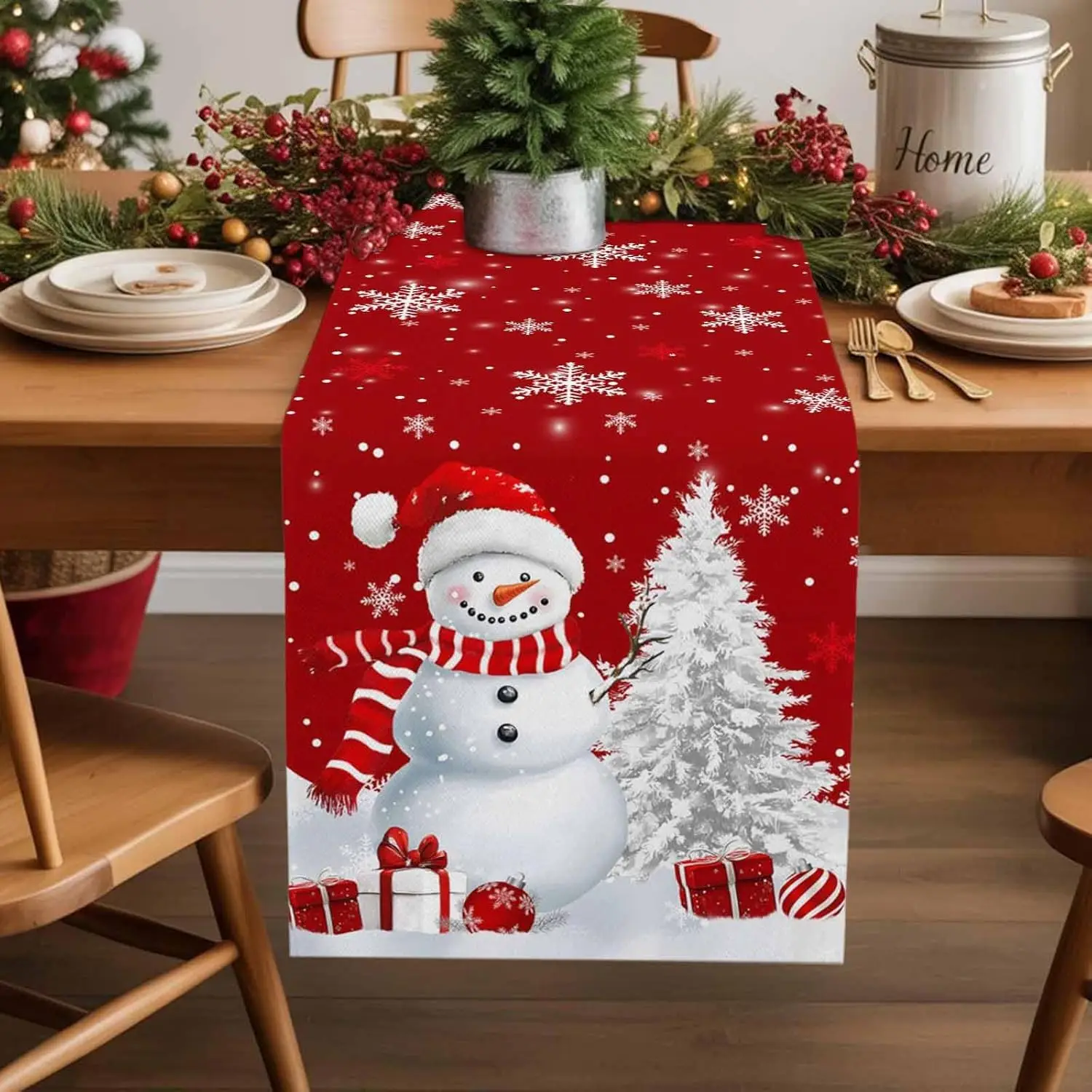 Christmas Snowman Xmas Tree Linen Table Runner Party Decor Reusable Winter Snowflakes Dining Table Runners Christmas Decorations